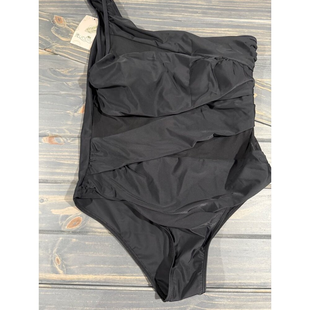 One-Shoulder Black Swimsuit With Mesh Detail By Runtlly - Size XXL